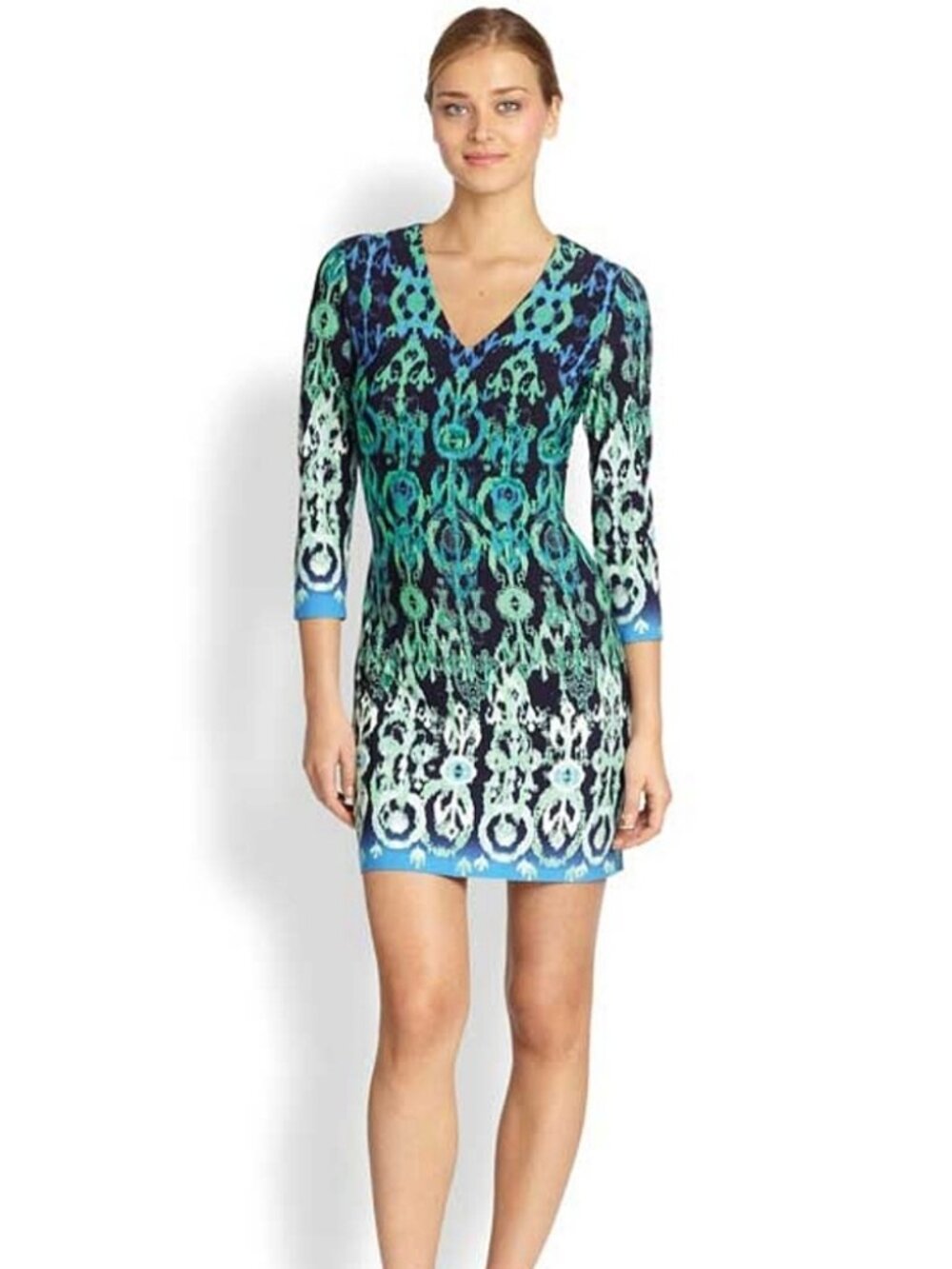 Donna Morgan Blue, Green & White Pattern Midi Dress Women's Size 6
